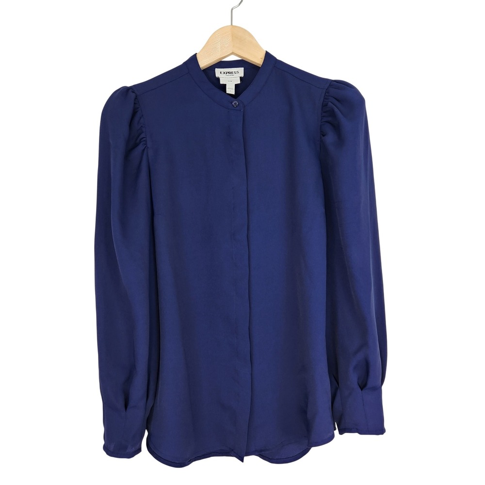 Express Portofino Slim Royal Blue Band Collar Puff Shoulder Blouse Small